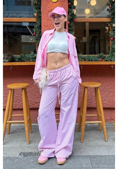 Madmext Pembe Beli Ayarlanabilir Ekoseli Bol Paça Kadın Pantolon Mg2335 Pembe