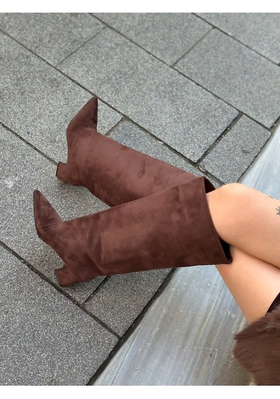 Erva'nın Butiği Kahve Süet Losy Xl Geniş Konç Kalın Bacak 5 Cm Topuklu Çizme-6522