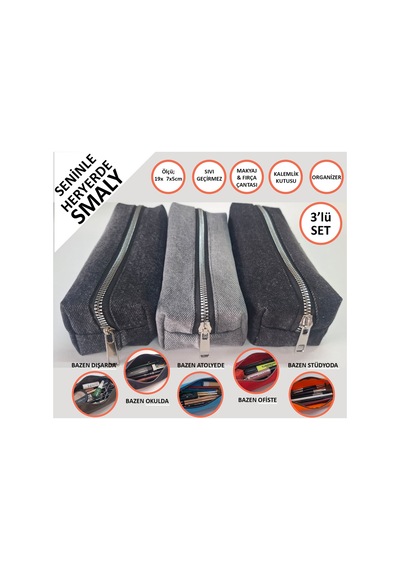 Kalemlik 3lü Set/paket Organizer Makyaj Çok Amaçlı Pinterest Okula Dönüş Çantası Tek Bölmeli Dark Denim Mix
