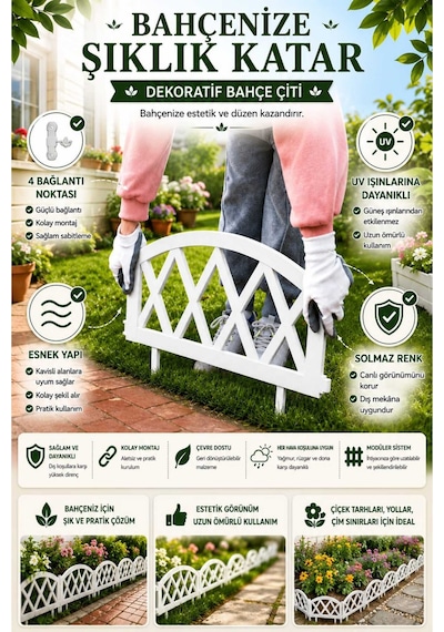 Çitmaster Dekoratif Esnek Bahçe Çiti Kırımaz Plastik Çit Peyzaj Koruma Paneli Beyaz 10 Adet