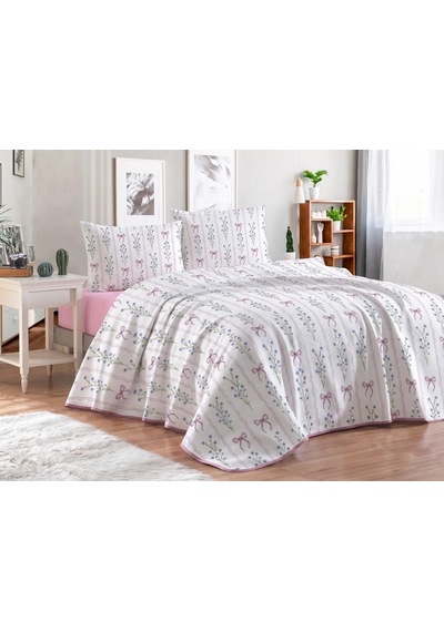 Organic Cotton Battal Pike Takımı Çift Kişilik Lastikli Çarşaflı Set Fiyonk Pudra
