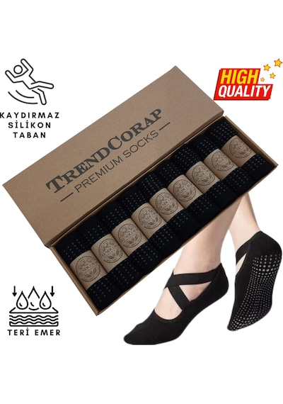 Trendcorap Premium Kadın Kaydırmaz Silikon Baskı Tabanlı Pilates Yoga Fitness Bale Dans Aktivite Çorabı 9'lu Siyah