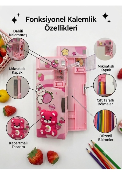 Fonksiyonlu Kalem Kutusu Ayıcık Çilek Kabartmalı Kalemtraşlı Kalemlik - Çilek Pembe
