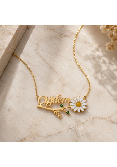 Gümüş İsimli Mineli Papatya Kolye Gold
