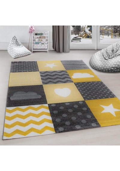 Kareli Yıldız Kalp Bulut Desenli Soft Çocuk Odası Halısı Gri Sarı Beyaz Sarı