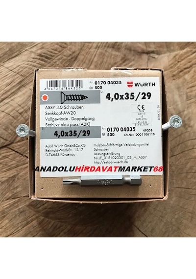 Würth Çinko Çelik Sunta Vidası 4X35 Çapı 4 MM Uzunluk 3.5 CM 500 Ad