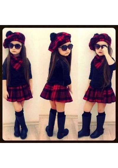 Quzucuk Kids Kız Çocuk Kırmızı Ekoseli Şapkalı Takım Çok Renkli