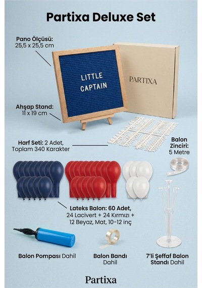 Denizci Temalı Doğum Günü Süsleme Deluxe Set Koyu Mavi Keçe Yazı Panosu Standlı Balon Zincirli 7li Şeffaf Balon Standlı Kaptan Seti Denizci Temalı Doğum Günü Süsleme Deluxe Set Koyu Mavi Keçe Yazı Panosu Standlı Balon Zincirli 7li Şeffaf Balon Standlı Kaptan Seti