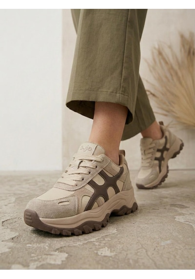 Guja 26k374-1 Kadın Bağcıklı İçi Polarlı Kalın Taban Günlük Sneaker Bej