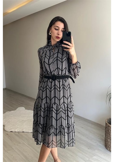 Neşeli Butik Kadın Yaka Lastikli Küçük Puantiyeli Midi Şifon Elbise Nm022 Siyah