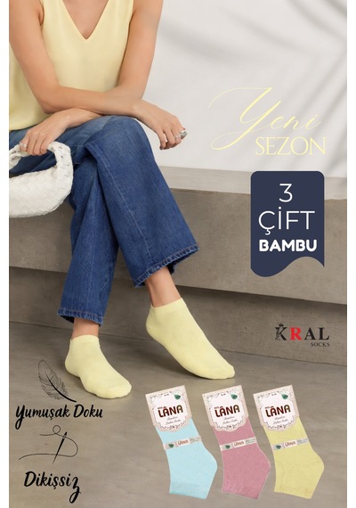 Kral Socks Kadın Bambu Patik 3 Adet Dikişsiz Parfümlü Kısa Yazlık Çorap Asorti