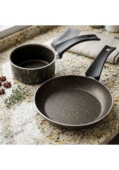 Master 2'li Ekonomik Set: 12 Cm Sosluk & 20 Cm Tava - Mutfak Desenli Gold Mastik Yanmaz Yapışmaz Set Diğer
