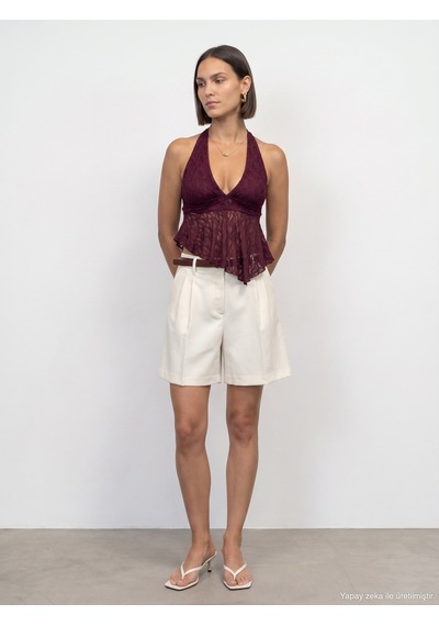 Dilvin 21228 Dantel Halter Yaka Top-bordo