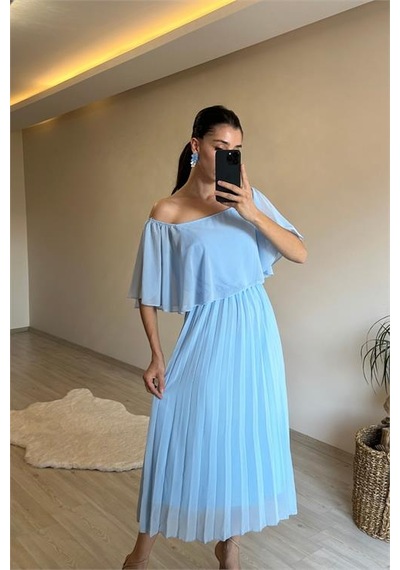 Neşeli Butik Kadın Omzu Açık Piliseli Midi Şifon Elbise Nm006 Bebe Mavisi