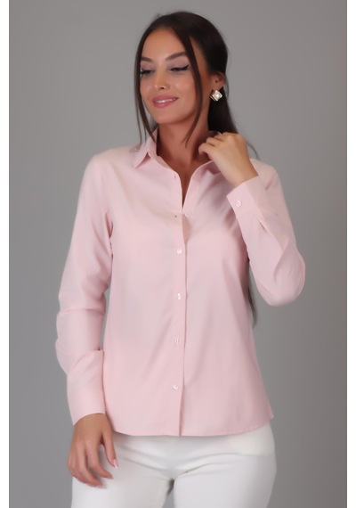 Sweetness Kadın Pudra Pembe Likralı Uzun Kol Pamuklu Klasik Gömlek Pembe