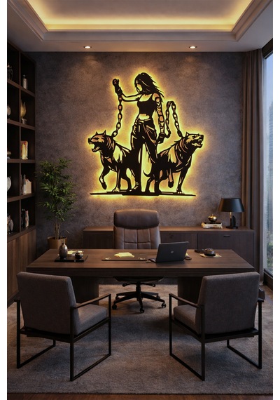Led Işıklı Güçlü Zincirli Kadın Ve Kurt Köpek Figürlü Tablo Dekoratif Gece Lambası Sarı - 825805816 Sarı