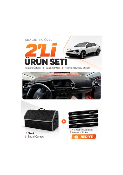 E-biz Cıtroen C4x Displaysiz 2020-2026 Uyumlu Torpido Örtüsü + Deri Çanta - Siyah-gri - Cı001