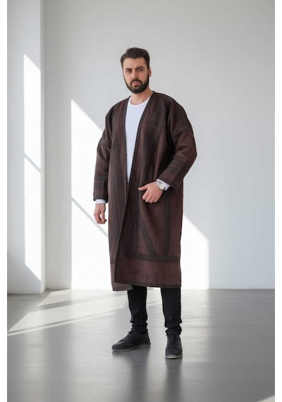 Erkek Uzun Klasik Kürk Palto Görünümlü Kışlık Dış Giyim Unisex Kahverengi