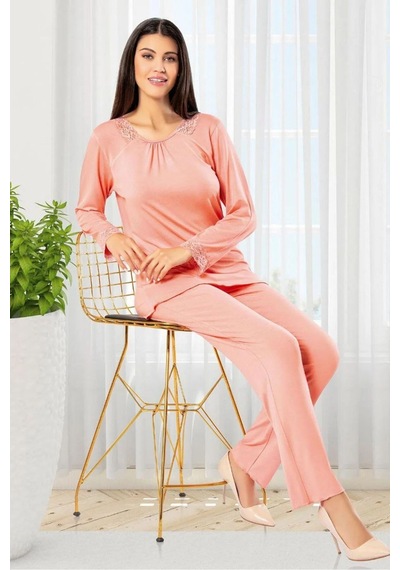 Faal 8607 Kadın Uzun Kollu Dantel Detaylı Pijama Takımı-somon SOMON