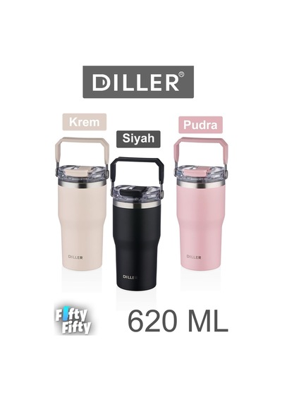 Dıller 620 Ml Tek Kapak Çift Kullanım Pipetli/pipetsiz Taşıma Kulplu Mug/çelik Termos-ffdıllerd9168 Pudra