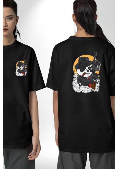 Gangster Panda Siyah Oversize Unisex Ön Ve Sırt Baskılı Tişört Siyah