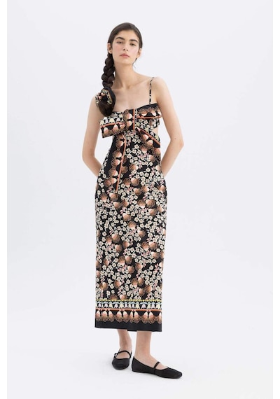 Defacto Lug Von Siga x DeFacto Bodycon Desenli Askılı Poplin Midi Elbise C1297AX24SMBK81