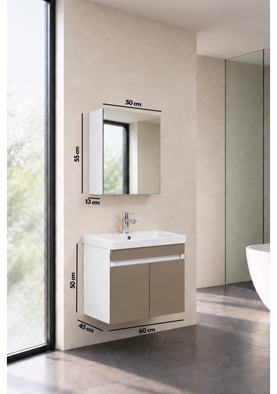 Sedef 60 Cm, Lavabolu Banyo Dolabı, Lavabo Dahil, Ayna Dahil, Beyaz - Dafne