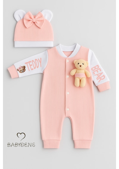 Babyden's Teddy Bear Temalı Yenidoğan Fitilli Tulum Takımı Ayıcıklı Kız Bebek Tulum Şapka Set %100 Pamuk Açık Pembe