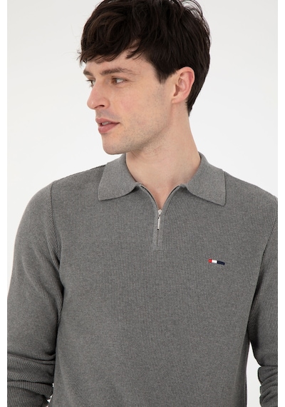 U.S. Polo Assn. Erkek Regular Fit Yarım Fermuarlı Gri Melanj Basic Kazak 50298266-VR086