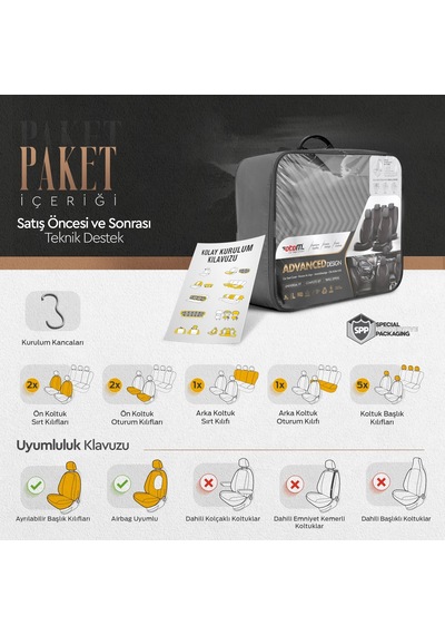 Advanced Design Özel Tasarım Premium Deri-Keten Ekstra Destekli Universal Oto Koltuk Kılıfı Tam Set