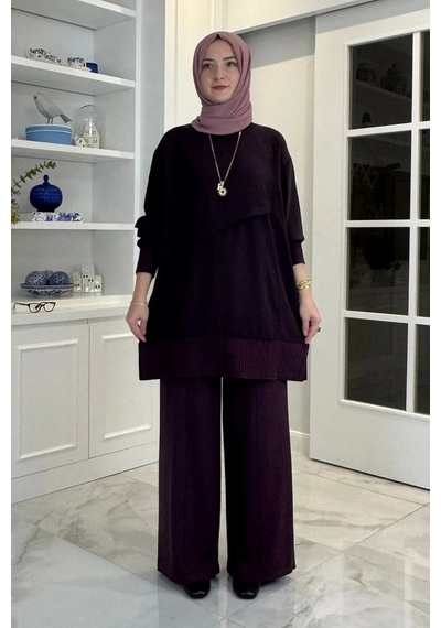 Rabia Şamlı Miray Triko-modal Pantolonlu Takım Mürdüm Normal