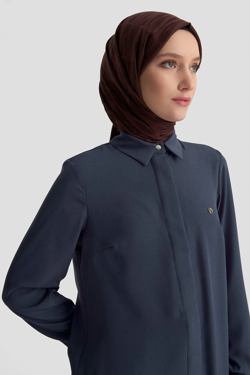 Armine Trend Gizli Düğmeli Kol Detaylı Gömlek Yakalı Tunik İndigo 25yt4158 Indigo