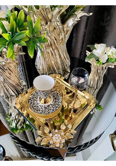 Atabey Home Collection 2 Adet Kahve & Çay & Sunum Tepsisi Gold Lüx Kristalize Taşli Model