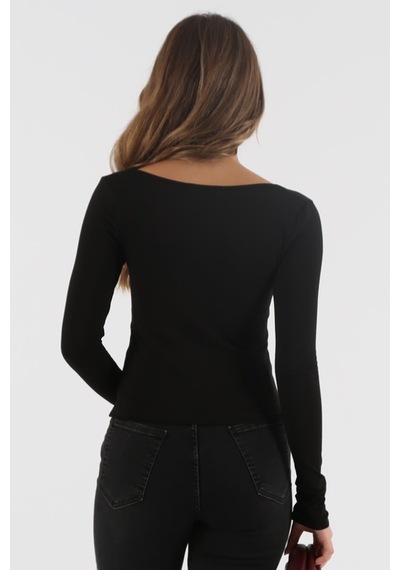Seeh Siyah Önü Büzgülü Uzun Kollu Kadın Body Sh200