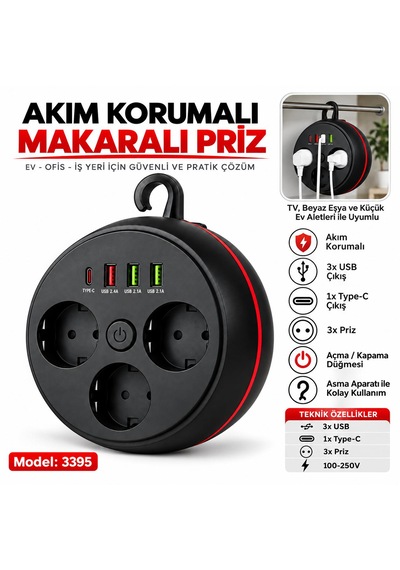 Akım Korumalı Makaralı Priz 2 Metre Kablo 3x Usb Çıkışı 1x Typ-c 3x Priz Açma Kapama Düğmesi 100-250v Ev Ofis