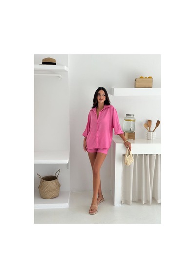 Wellway Keten Kumaş Oversize Gömlek & Şort İkili Takım-pembe Pembe