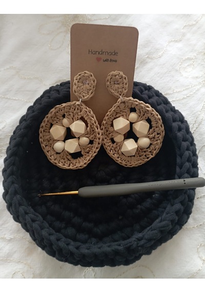 Ndk Craft El Yapımı Kağıt İp Naturel Ahşap Boncuklu Küpe Açık Kahverengi