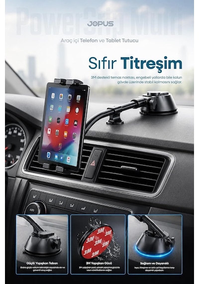 Ultra Stabil Vakumlu Araç İçi Telefon Tablet Tutucu 360 Dönebilen Ayarlanabilir Vantuzlu Araba Üstü Genel