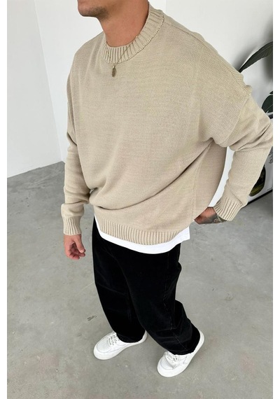 Krem Basic Bisiklet Yaka Triko Kazak Krem