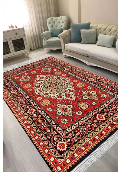 Alanur Kaymaz Yıkanabilir Dijital Baskılı Salon Halısı Trend Saçaklı Otantik E6002 Renkli