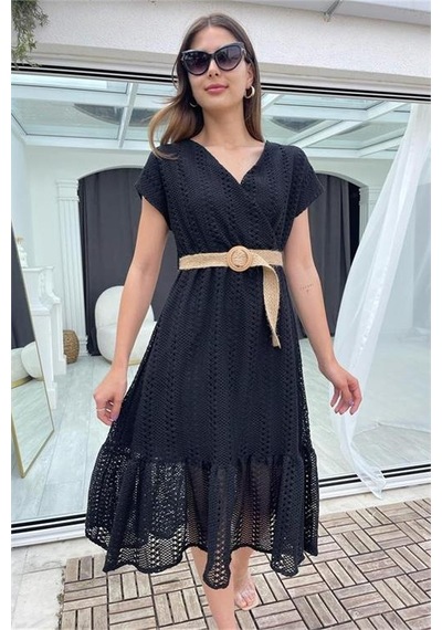 Neşeli Butik Kadın Siyah Hasır Kemerli Dantel Elbise Dk0001 Siyah