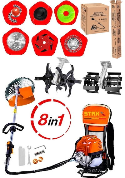 Staxx St8in1 Benzinli 20HPX Çim Çayır Ot Biçme Bahçe Bakımı Sırt Tipi Tırpan + 8'li Süper Set Çapa