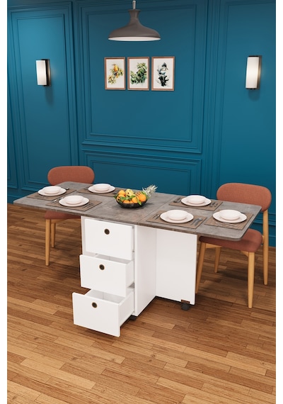 Asra Trend KM-01 %100 MDF 168x70 cm Katlanır Akıllı Mutfak Masası 3 Çekmeceli Tekerlekli Servis Masası Beyaz Retro Gri Asra Trend KM-01 %100 MDF 168x70 cm Katlanır Akıllı Mutfak Masası 3 Çekmeceli Tekerlekli Servis Masası Beyaz Retro Gri