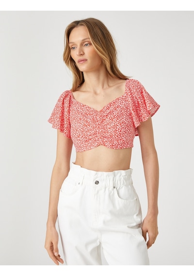 Koton Çiçekli Crop Bluz Büzgü Detaylı Kolları Volanlı Turuncu Desenli 2sak60266pw 2SAK60266PW19E