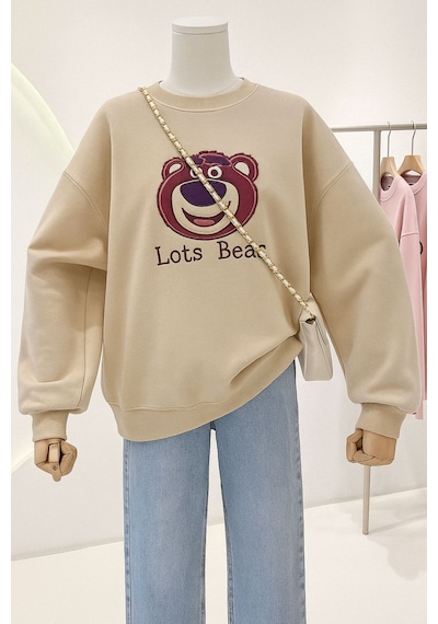 Benroma 3 İplik Penye Lost Bear Baskılı Unisex Sweatshırt Bej