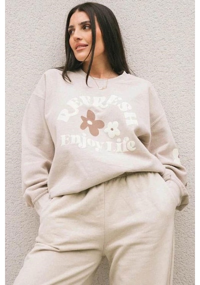 Bej Bisiklet Yaka Baskılı Sweatshirt Mg1572