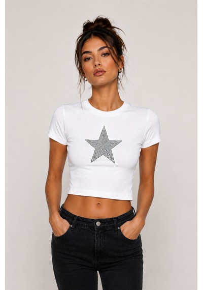 Bozzbozzcollection Beyaz Taşlı Yıldız Detaylı Basic Crop Tişört Kadın