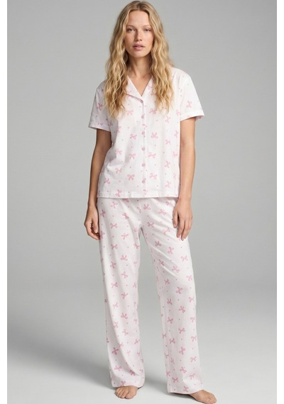 Siyah İnci İnce Soft Örme Mevsimlik Düğmeli Pijama Takımı 8002 Pembe Fiyonk
