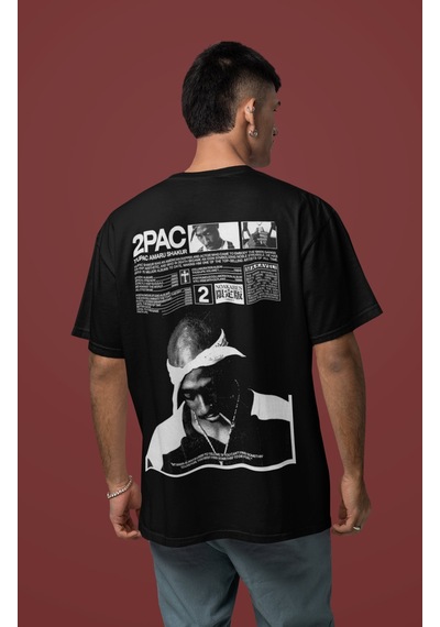 Tupac Rapper Sırt Baskılı Unisex Oversize 2pac Şarkıcı Tişört Siyah