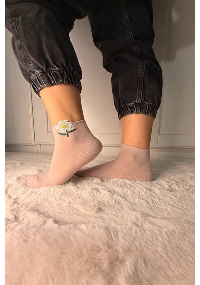 Ozzy Socks 3 Çift Kadın Taş Detaylı Dikişsiz & Takviyeli Patik Çorap Bej